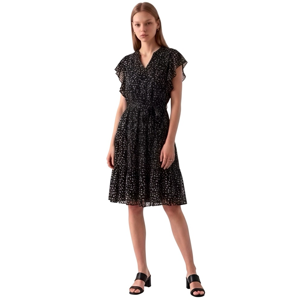 Cleo Womens Black White Abstract Print Tiered Midi Dress‎ Flutter Sleeve Large